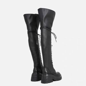 GENUINE LEATHER Black Over-the-Knee Lace-Up Platform Boots